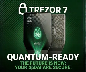 Trezor Safe 7 hardware wallet with quantum-ready security, dual secure element protection, and wireless connectivity for secure crypto storage including Bitcoin, Ethereum, and pDAI on PulseChain